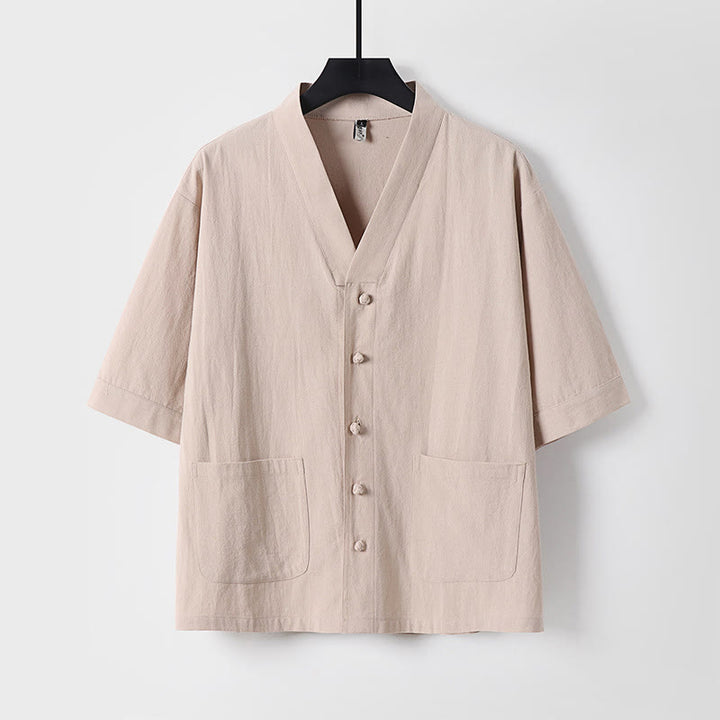 Buddha Stones 2Pcs Summer V-Neck Cotton Shirt Pants With Pockets Men's Meditation Cloth Set - image 16