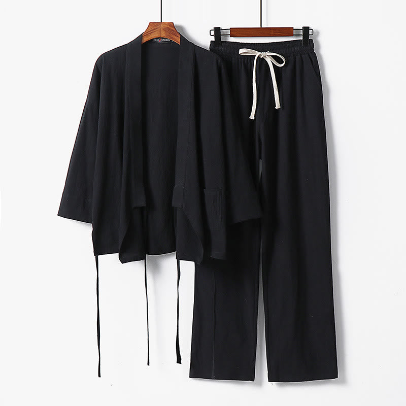 Buddha Stones 2Pcs Lace-up Cotton Kimono Pants With Pockets Men's Meditation Cloth Set - Black - US/UK/AU54,EU64 (9XL) - image 7