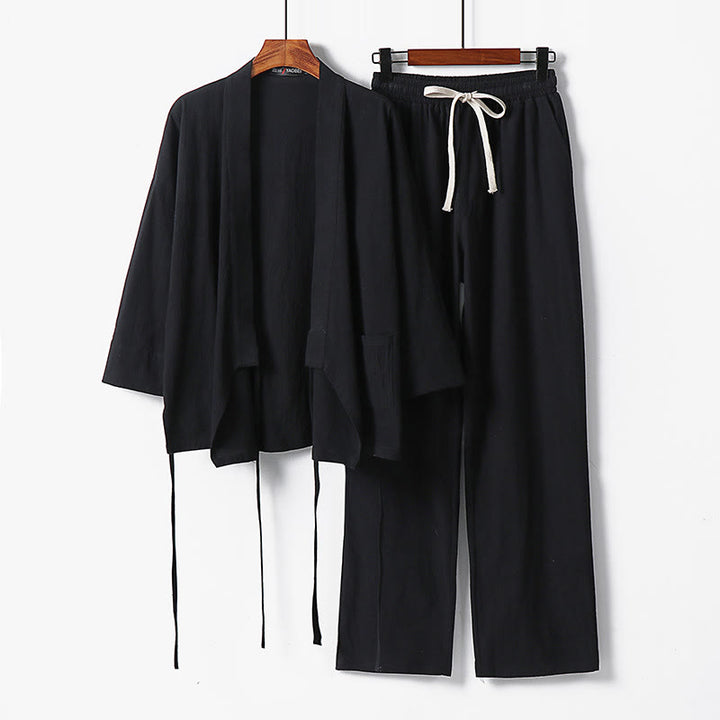 Buddha Stones 2Pcs Lace-up Cotton Kimono Pants With Pockets Men's Meditation Cloth Set - Black - US/UK/AU54,EU64 (9XL) - image 7