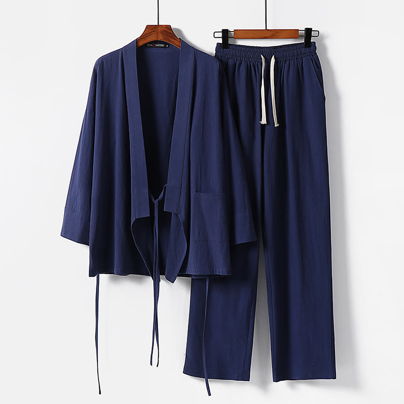 Buddha Stones 2Pcs Lace-up Cotton Kimono Pants With Pockets Men's Meditation Cloth Set - SteelBlue - US/UK/AU54,EU64 (9XL) - image 12