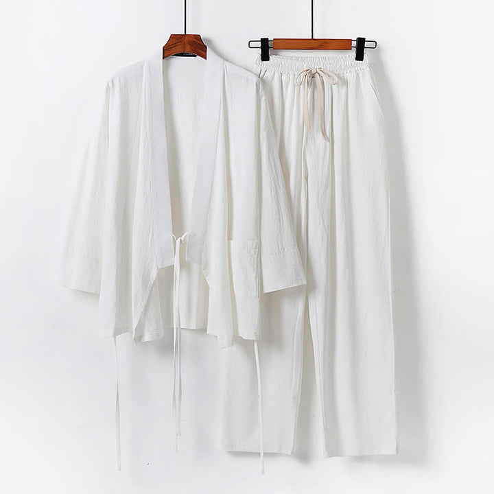 Buddha Stones 2Pcs Lace-up Cotton Kimono Pants With Pockets Men's Meditation Cloth Set - White - US/UK/AU54,EU64 (9XL) - image 2