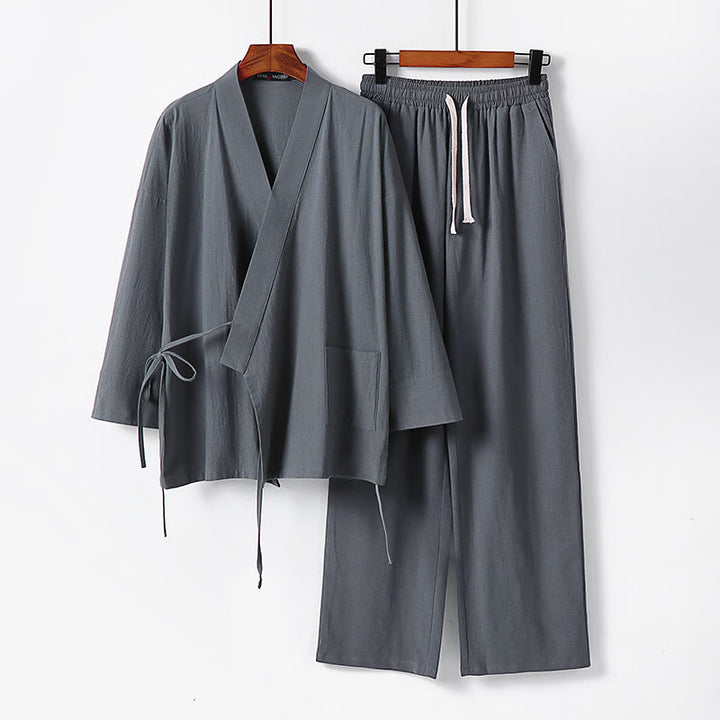 Buddha Stones 2Pcs Lace-up Cotton Kimono Pants With Pockets Men's Meditation Cloth Set - Gray - US/UK/AU54,EU64 (9XL) - image 1