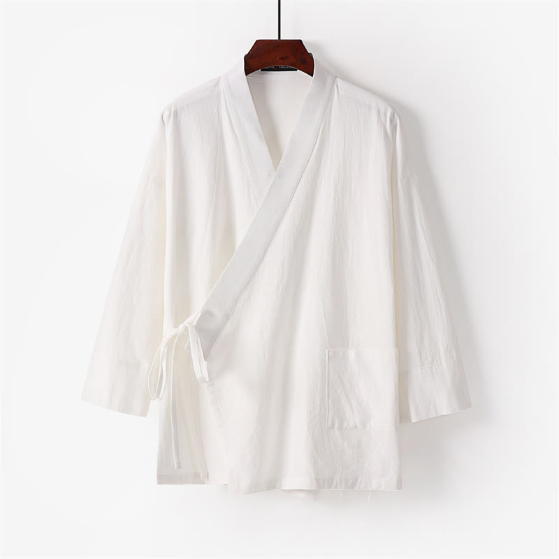 Buddha Stones 2Pcs Lace-up Cotton Kimono Pants With Pockets Men's Meditation Cloth Set - image 3