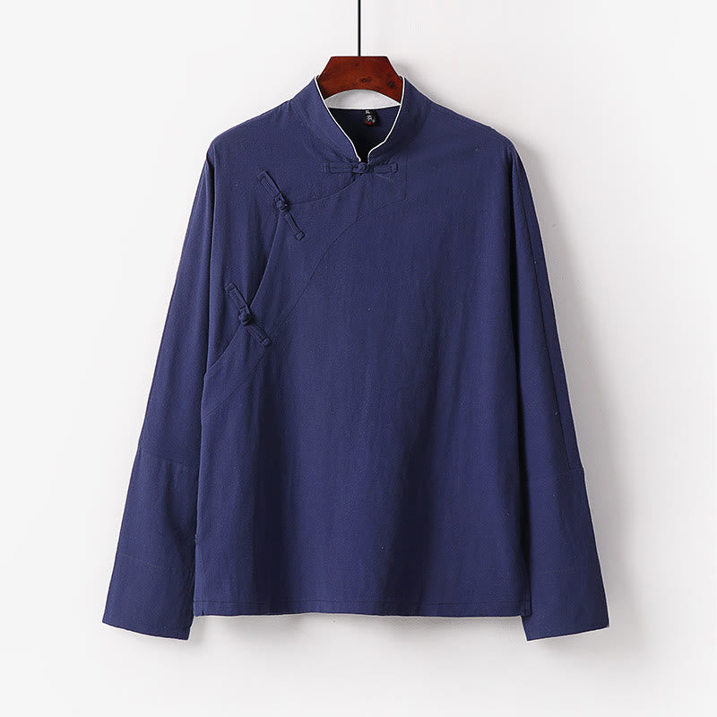 Buddha Stones Vintage Plain Chinese Frog-Button Cotton Long Sleeve Men's Shirt - SteelBlue - US/UK/AU50,EU60 (7XL) - image 1