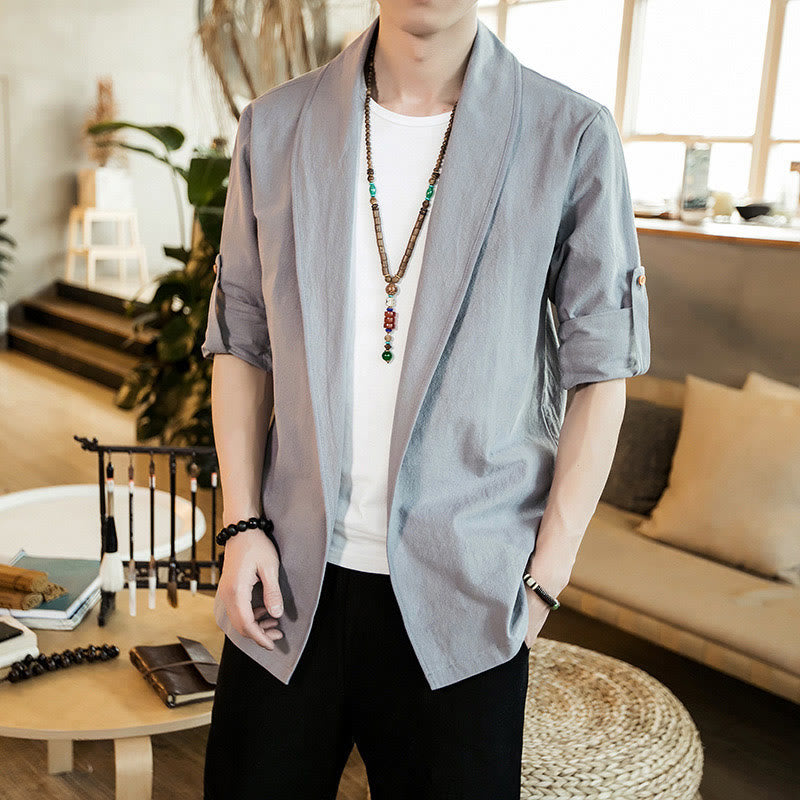 Buddha Stones Vintage Plain Lapel Open Front Jacket Cotton Men's Kimono - LightGrey - US/UK/AU46,EU56 (5XL) - image 9