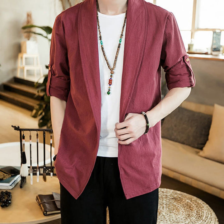 Buddha Stones Vintage Plain Lapel Open Front Jacket Cotton Men's Kimono - IndianRed - US/UK/AU46,EU56 (5XL) - image 21