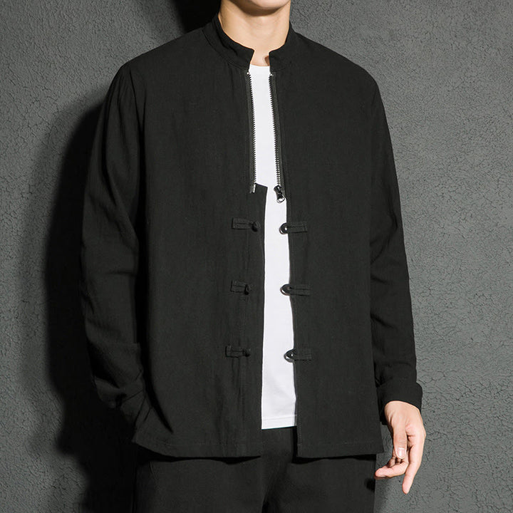 Buddha Stones Plain Zipper Chinese Frog-Button Cotton Long Sleeve Men's Shirt - image 2