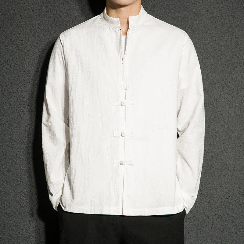 Buddha Stones Plain Zipper Chinese Frog-Button Cotton Long Sleeve Men's Shirt - White - US/UK/AU46,EU56 (5XL) - image 9