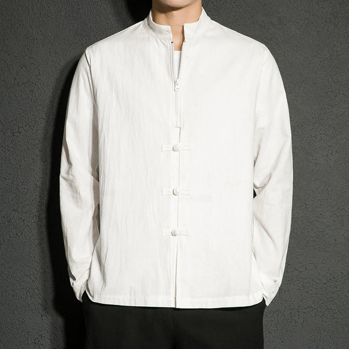 Buddha Stones Plain Zipper Chinese Frog-Button Cotton Long Sleeve Men's Shirt - White - US/UK/AU46,EU56 (5XL) - image 9