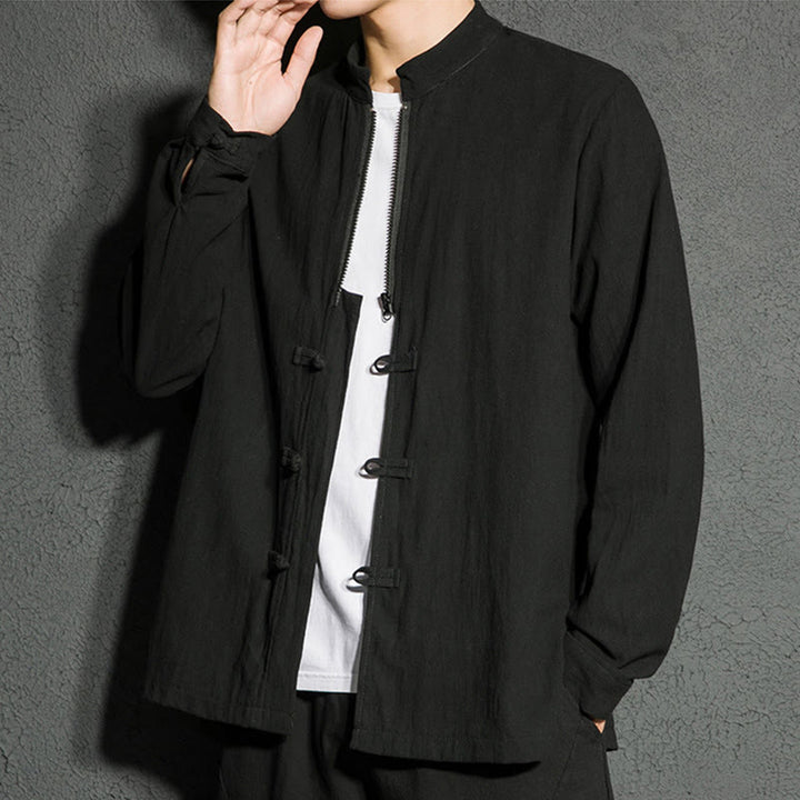 Buddha Stones Plain Zipper Chinese Frog-Button Cotton Long Sleeve Men's Shirt - Black - US/UK/AU46,EU56 (5XL) - image 1