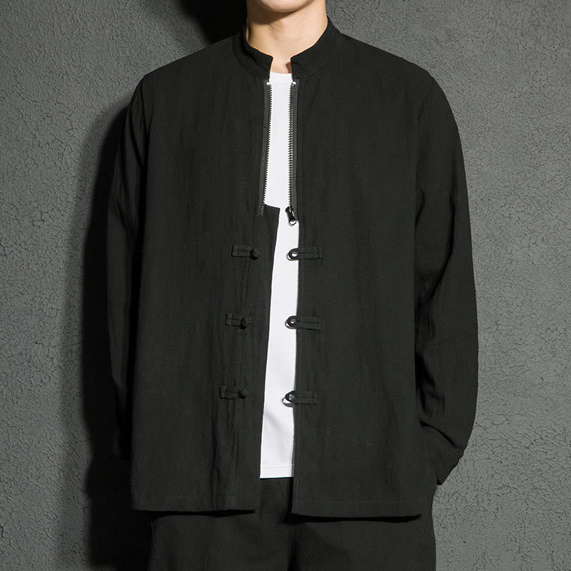 Buddha Stones Plain Zipper Chinese Frog-Button Cotton Long Sleeve Men's Shirt - image 4