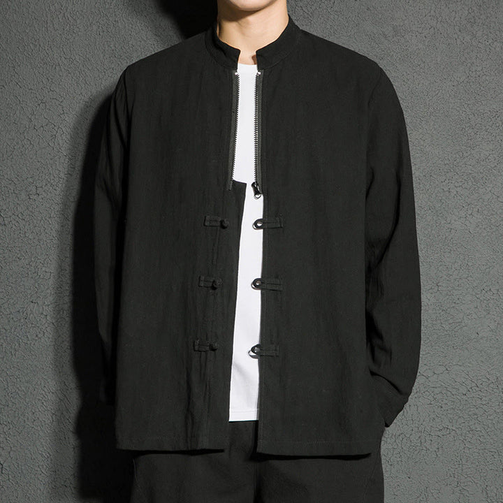 Buddha Stones Plain Zipper Chinese Frog-Button Cotton Long Sleeve Men's Shirt - image 4