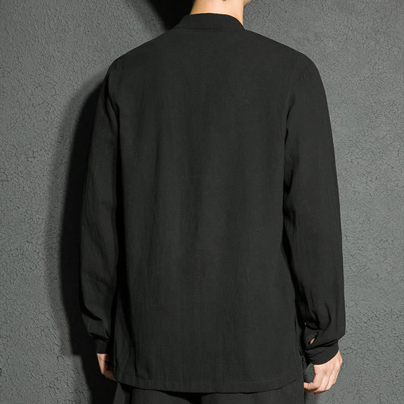 Buddha Stones Plain Zipper Chinese Frog-Button Cotton Long Sleeve Men's Shirt - image 3