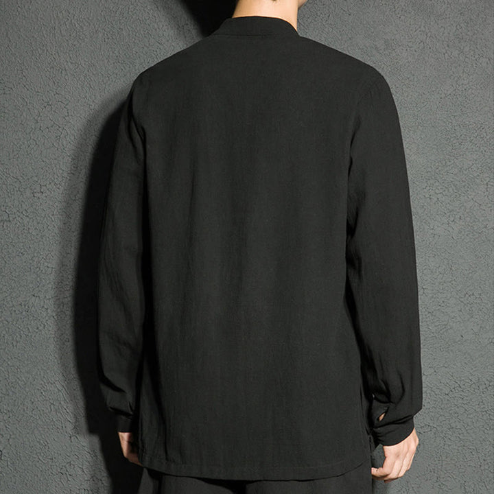 Buddha Stones Plain Zipper Chinese Frog-Button Cotton Long Sleeve Men's Shirt - image 3