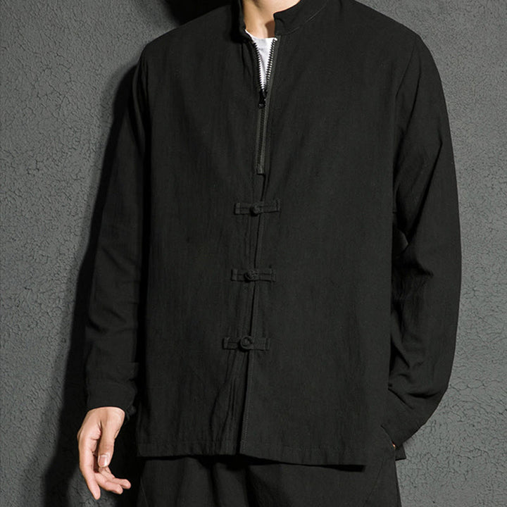 Buddha Stones Plain Zipper Chinese Frog-Button Cotton Long Sleeve Men's Shirt - image 8