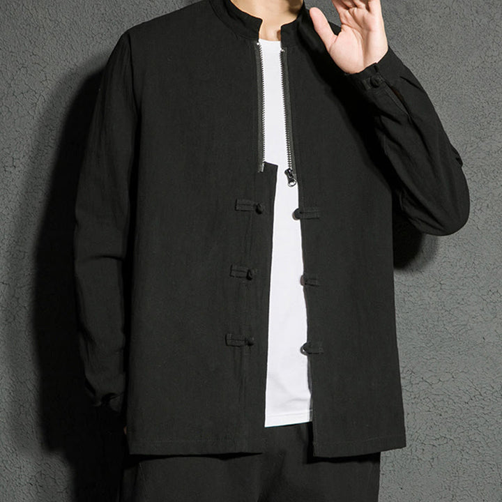 Buddha Stones Plain Zipper Chinese Frog-Button Cotton Long Sleeve Men's Shirt - image 7