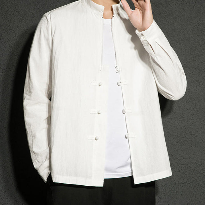 Buddha Stones Plain Zipper Chinese Frog-Button Cotton Long Sleeve Men's Shirt - image 13