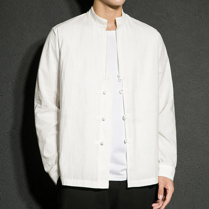 Buddha Stones Plain Zipper Chinese Frog-Button Cotton Long Sleeve Men's Shirt - image 11