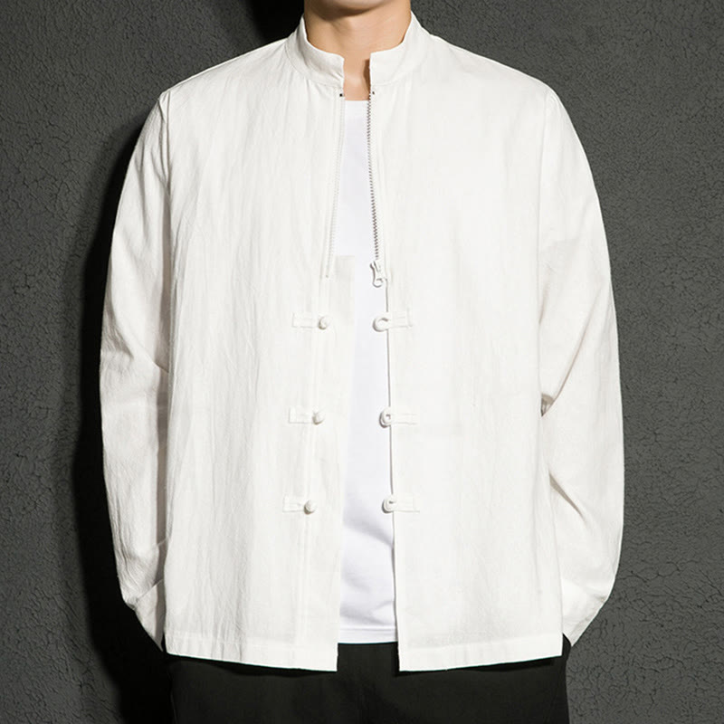 Buddha Stones Plain Zipper Chinese Frog-Button Cotton Long Sleeve Men's Shirt - image 14