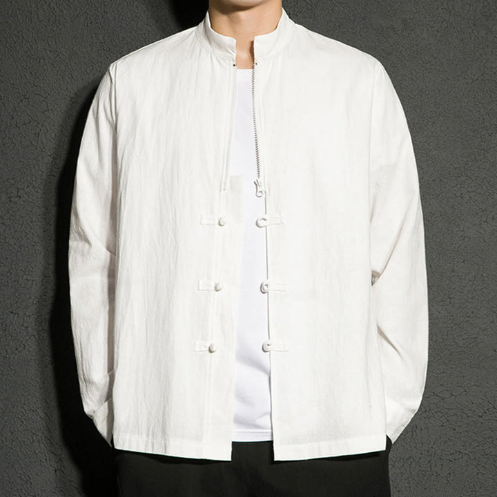 Buddha Stones Plain Zipper Chinese Frog-Button Cotton Long Sleeve Men's Shirt - image 14