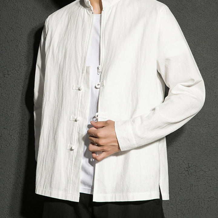 Buddha Stones Plain Zipper Chinese Frog-Button Cotton Long Sleeve Men's Shirt - image 15