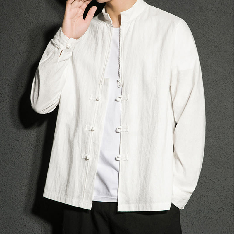 Buddha Stones Plain Zipper Chinese Frog-Button Cotton Long Sleeve Men's Shirt - image 12