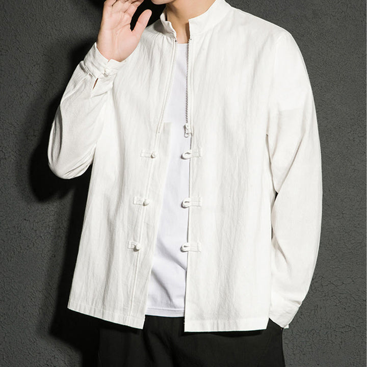 Buddha Stones Plain Zipper Chinese Frog-Button Cotton Long Sleeve Men's Shirt - image 12