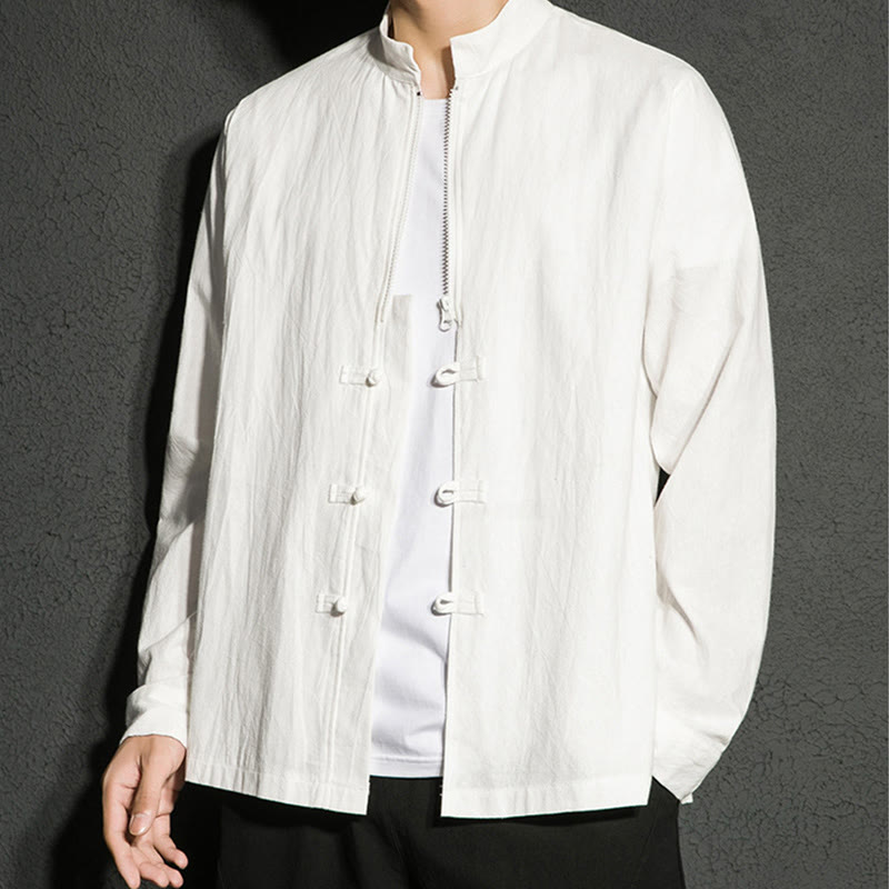 Buddha Stones Plain Zipper Chinese Frog-Button Cotton Long Sleeve Men's Shirt - image 16