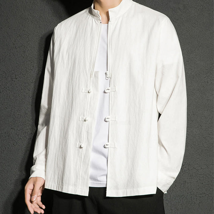 Buddha Stones Plain Zipper Chinese Frog-Button Cotton Long Sleeve Men's Shirt - image 16