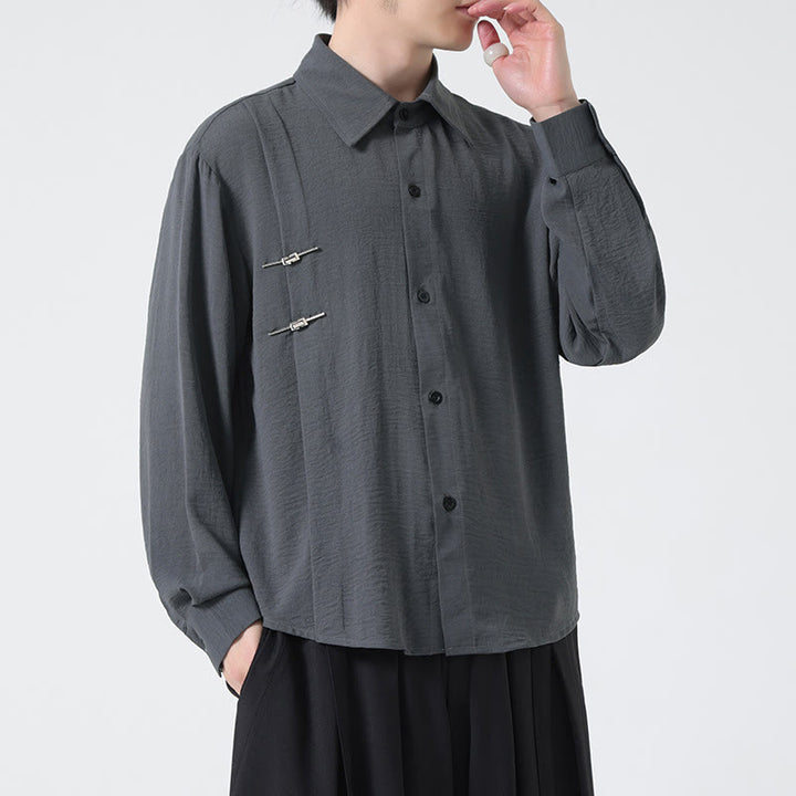 Buddha Stones Plain Buttons Stand Collar Long Sleeve Men's Cotton Shirt - image 3