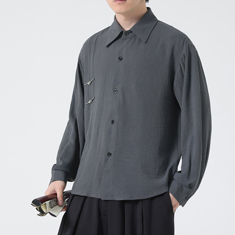 Buddha Stones Plain Buttons Stand Collar Long Sleeve Men's Cotton Shirt - image 7