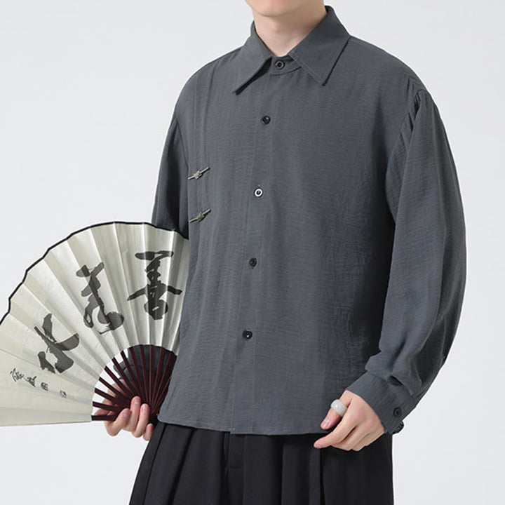 Buddha Stones Plain Buttons Stand Collar Long Sleeve Men's Cotton Shirt - Gray - US/UK/AU46,EU56 (5XL) - image 1