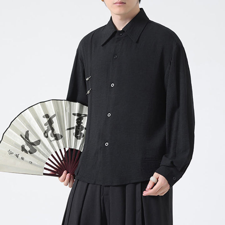 Buddha Stones Plain Buttons Stand Collar Long Sleeve Men's Cotton Shirt - image 25