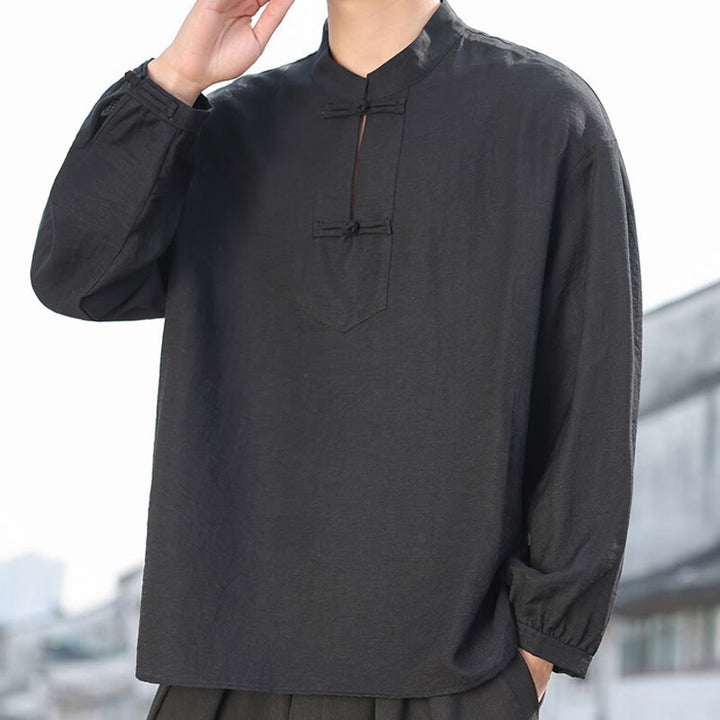 Buddha Stones Two Frog-Button Stand Collar Long Sleeve Men's Cotton Shirt - Black - US/UK/AU48,EU58(5XL) - image 1