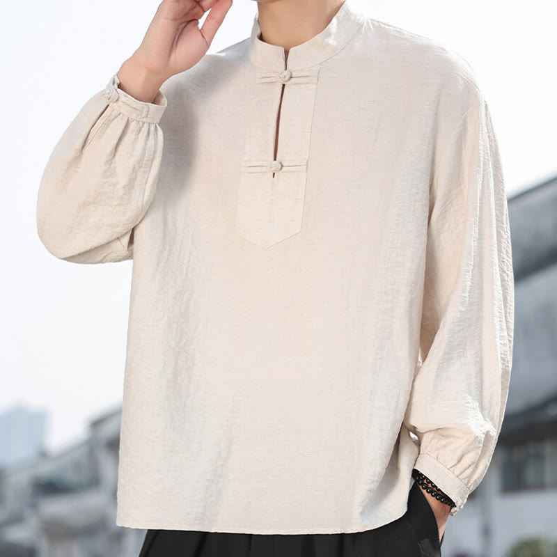Buddha Stones Two Frog-Button Stand Collar Long Sleeve Men's Cotton Shirt - Linen - US/UK/AU48,EU58(5XL) - image 11