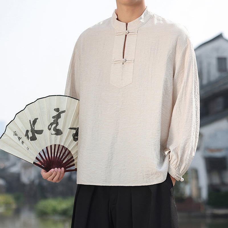 Buddha Stones Two Frog-Button Stand Collar Long Sleeve Men's Cotton Shirt - image 14