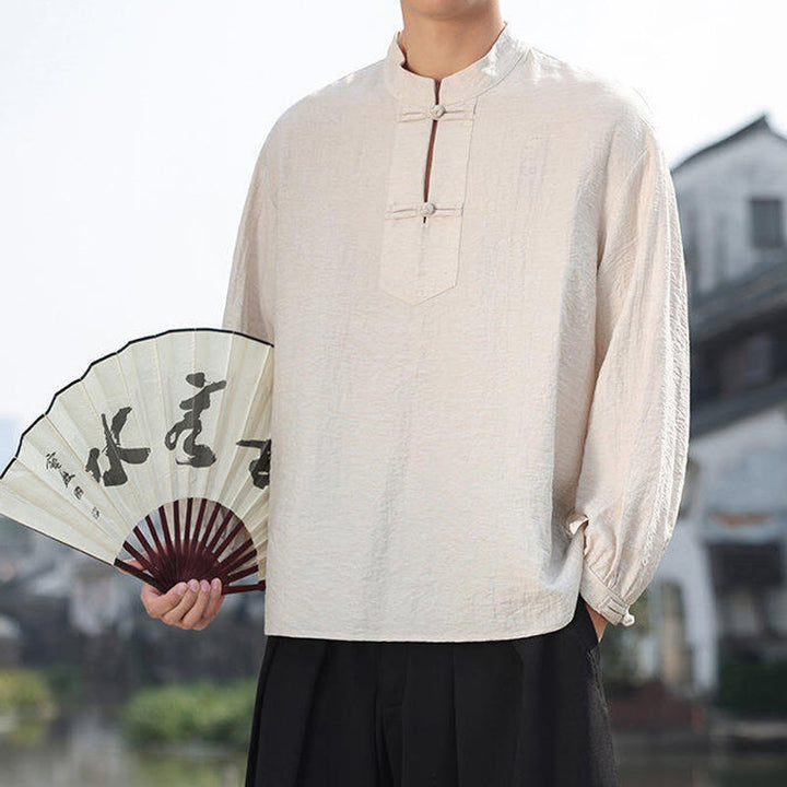 Buddha Stones Two Frog-Button Stand Collar Long Sleeve Men's Cotton Shirt - image 14
