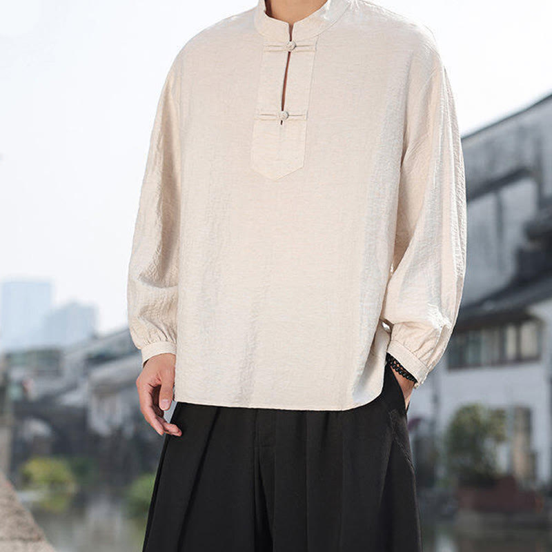 Buddha Stones Two Frog-Button Stand Collar Long Sleeve Men's Cotton Shirt - image 17