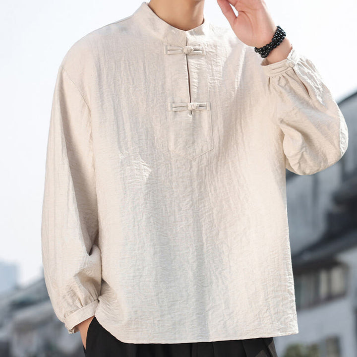Buddha Stones Two Frog-Button Stand Collar Long Sleeve Men's Cotton Shirt - image 12