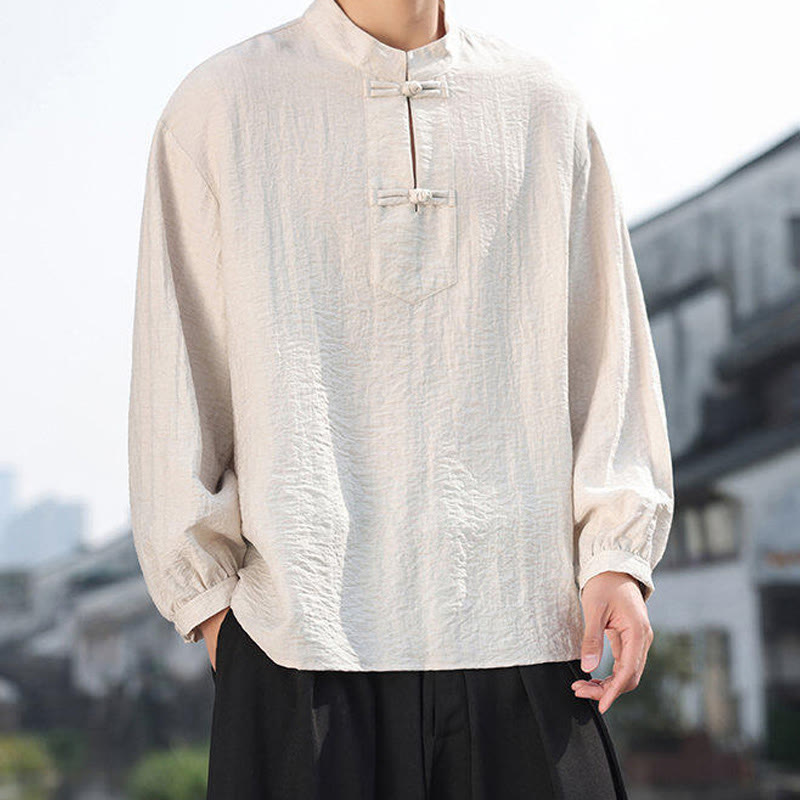 Buddha Stones Two Frog-Button Stand Collar Long Sleeve Men's Cotton Shirt - image 18