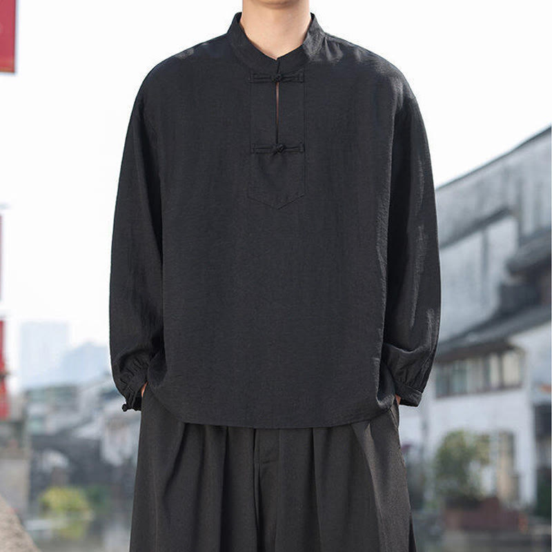 Buddha Stones Two Frog-Button Stand Collar Long Sleeve Men's Cotton Shirt - image 5