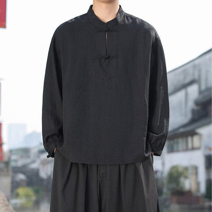 Buddha Stones Two Frog-Button Stand Collar Long Sleeve Men's Cotton Shirt - image 5