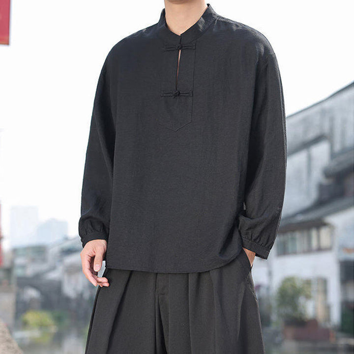 Buddha Stones Two Frog-Button Stand Collar Long Sleeve Men's Cotton Shirt - image 9