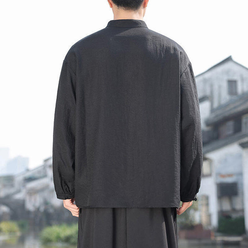 Buddha Stones Two Frog-Button Stand Collar Long Sleeve Men's Cotton Shirt - image 3