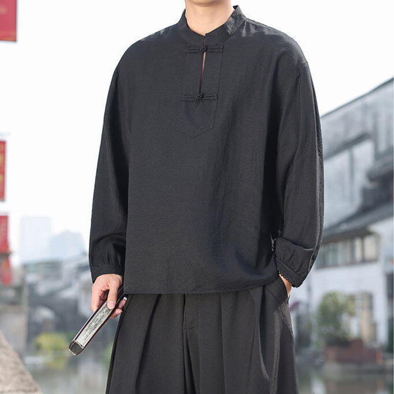 Buddha Stones Two Frog-Button Stand Collar Long Sleeve Men's Cotton Shirt - image 7