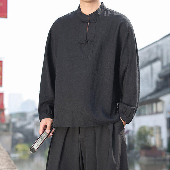 Buddha Stones Two Frog-Button Stand Collar Long Sleeve Men's Cotton Shirt - image 7