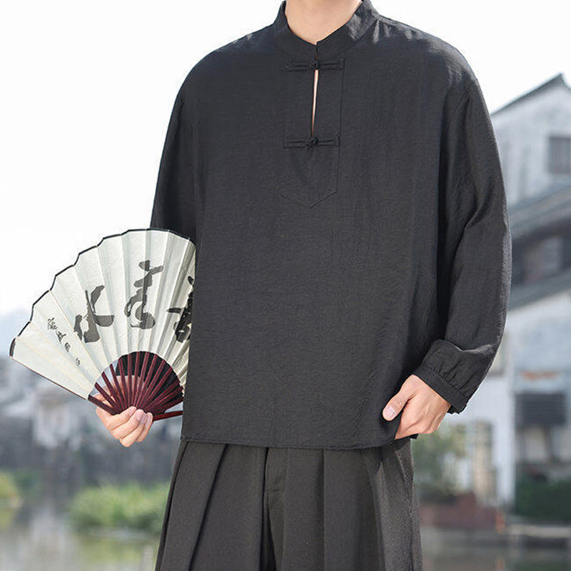 Buddha Stones Two Frog-Button Stand Collar Long Sleeve Men's Cotton Shirt - image 10