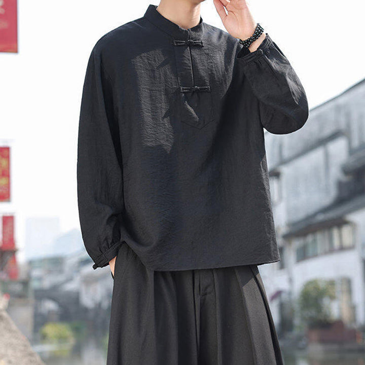 Buddha Stones Two Frog-Button Stand Collar Long Sleeve Men's Cotton Shirt - image 8