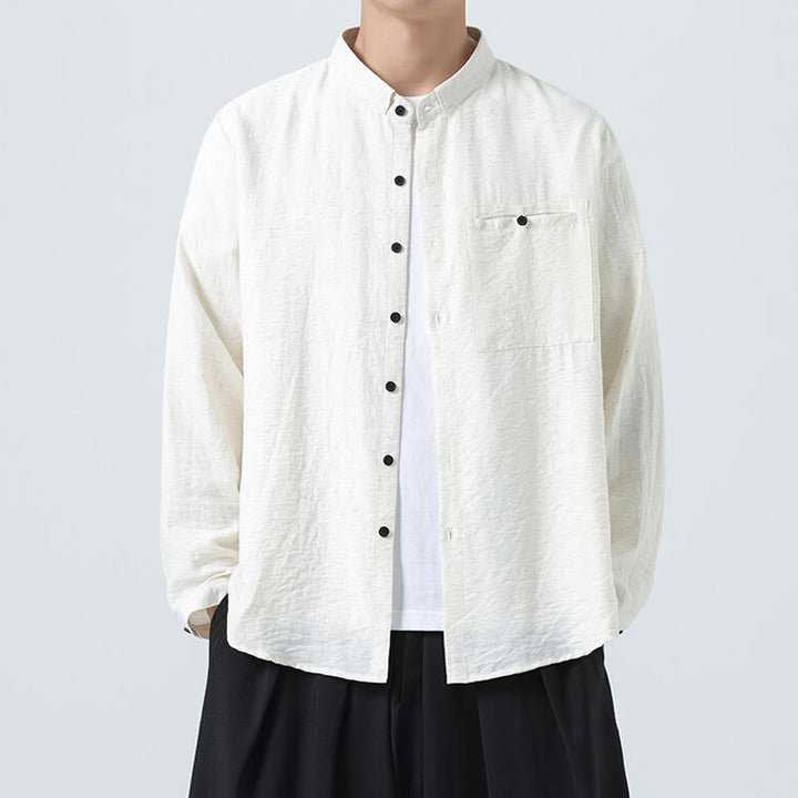 Buddha Stones Vintage Plain Buttons Down Stand Collar Long Sleeve Men's Cotton Shirt - White - US/UK/AU48,EU58(5XL) - image 1