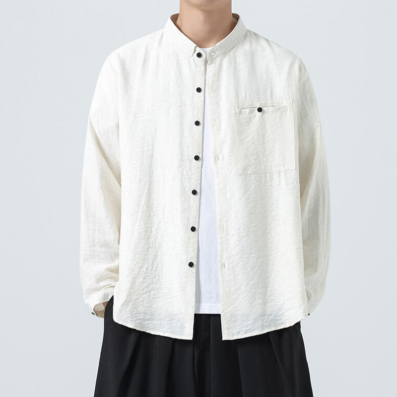 Buddha Stones Vintage Plain Buttons Down Stand Collar Long Sleeve Men's Cotton Shirt - White - US/UK/AU48,EU58(5XL) - image 1